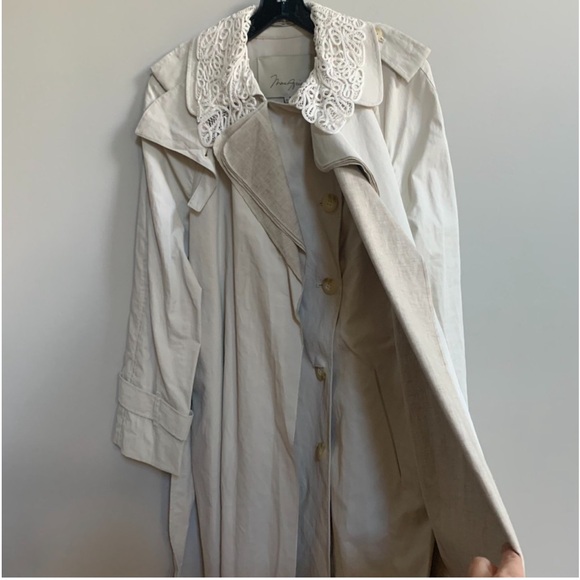 BCBGMAXAZRIA Cotton Linen Trench Coat Lace Collar Size M Beige Coquette - Picture 4 of 5